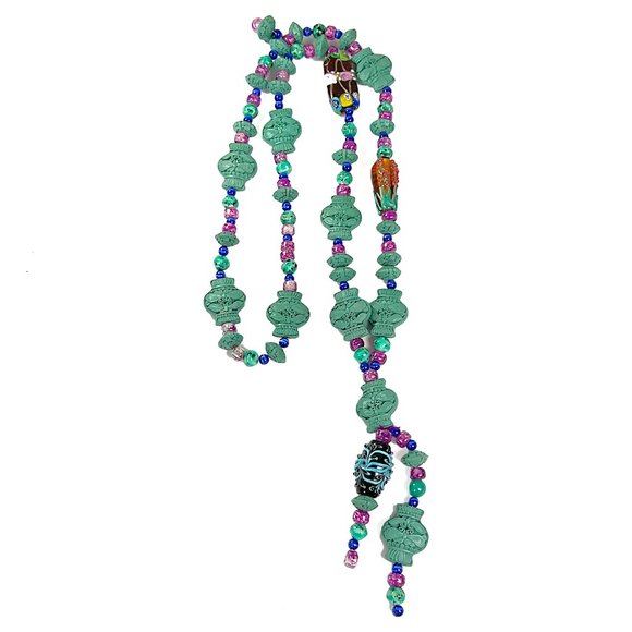 Blue Cinnabar Vase Bead Necklace w/ Blue Cats Eye Beads & Glass Lampwork Beads - Picture 2 of 12